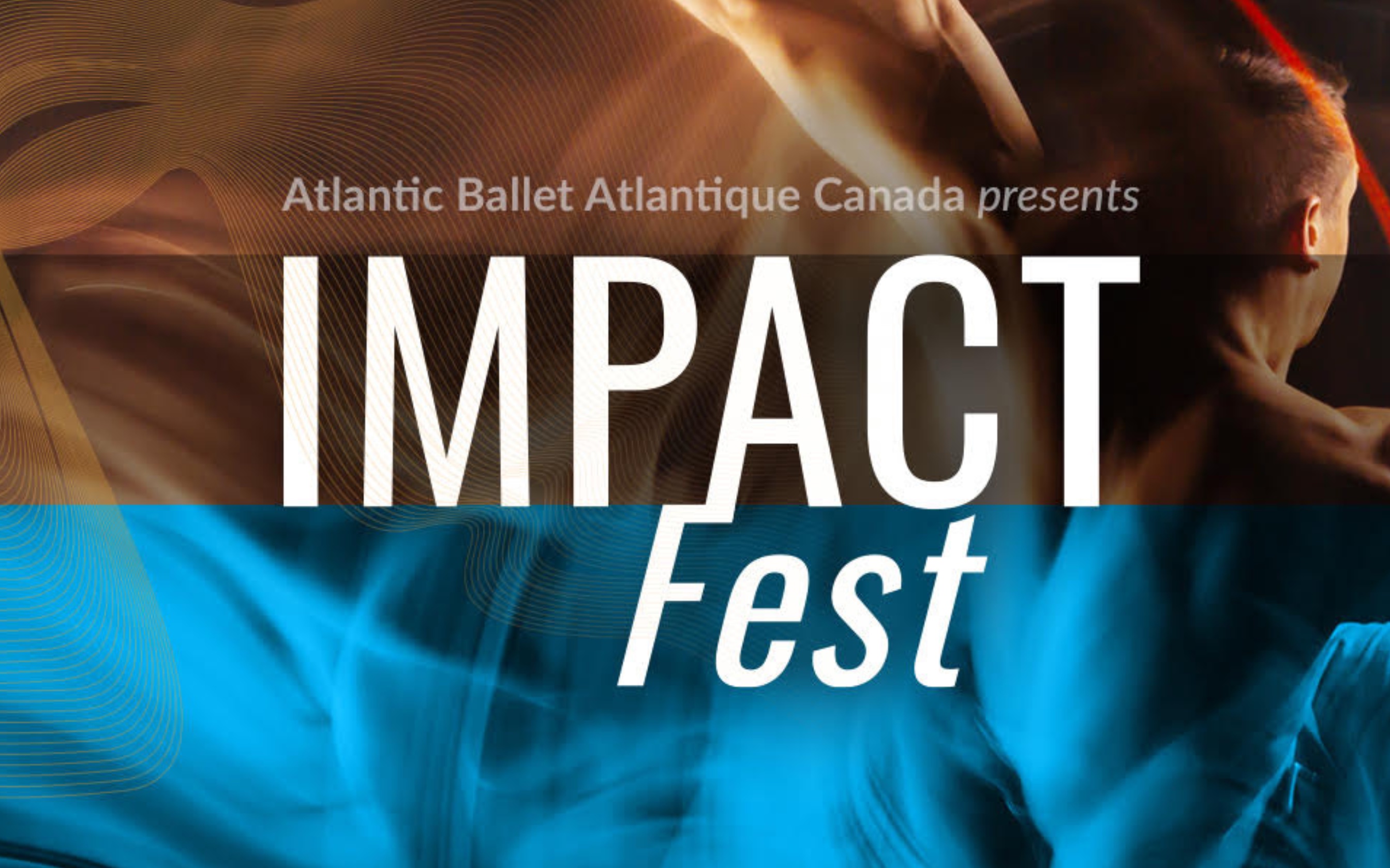 Blue and beige swirling graphics with text: Impact Fest