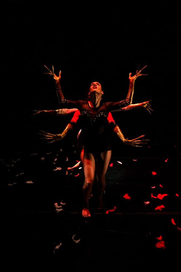 A dancer in black seems to extend three pairs of arms, each wearing golden gloves with feathers extending the fingers.